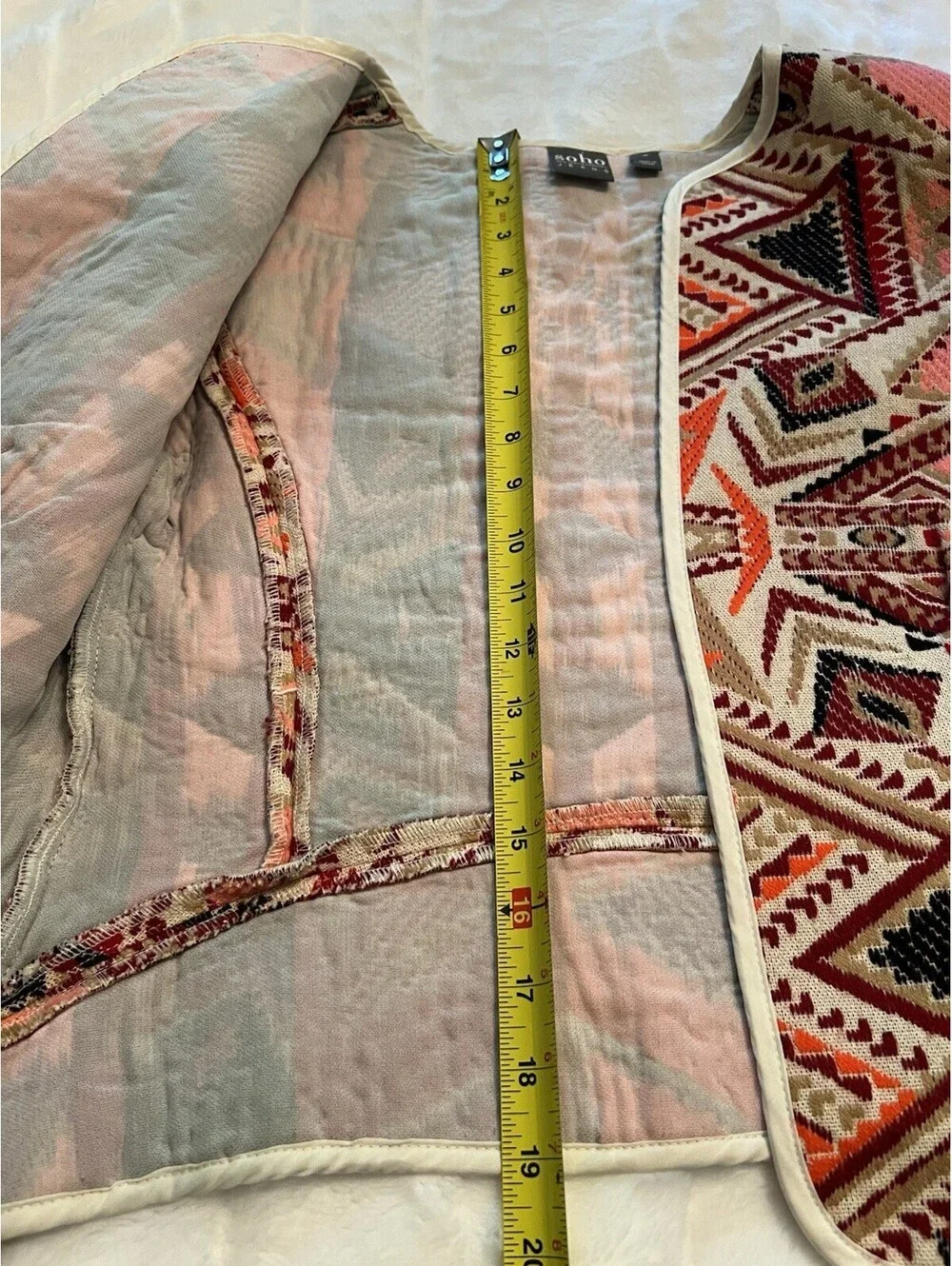 Soho Jeans Womens Medium Brown Orange Aztec Geometric Open Front Short Jacket